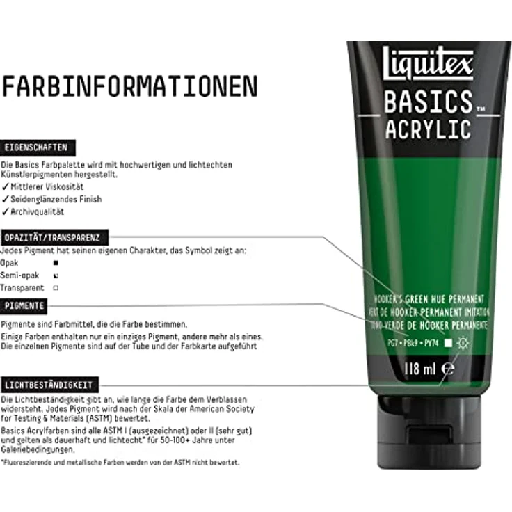 Liquitex Basics Acrylfarbe Hookers Grün 118ml, lichtecht, mittlere Viskosität, seidenglänzend, monopigmentiert, Archivqualität – Bild 3