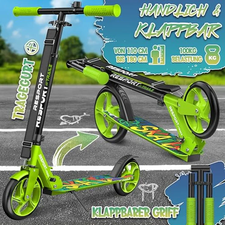 RE:SPORT Trailz Cityroller Scooter, höhenverstellbar & klappbar, 200mm Räder, inkl. Tragegurt und Klingel, für Kinder & Erwachsene – Bild 2