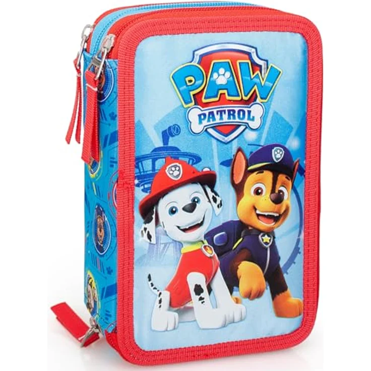 Clondo 3-Fach Federmäppchen für Kinder – PAW Patrol – Komplett gefüllt mit Stiften, Schere, Lineal & mehr – 20 x 12 x 7 cm, Blau – Bild 1