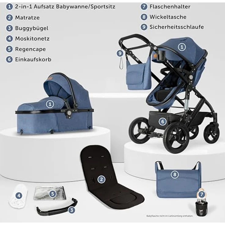 Bergsteiger Nizza 3 in 1 Kinderwagen, Kombikinderwagen Komplettset, Babywanne & Buggy Sportsitz inklusive, Auto-Babyschale & Isofix Station optional, in blau – Bild 3