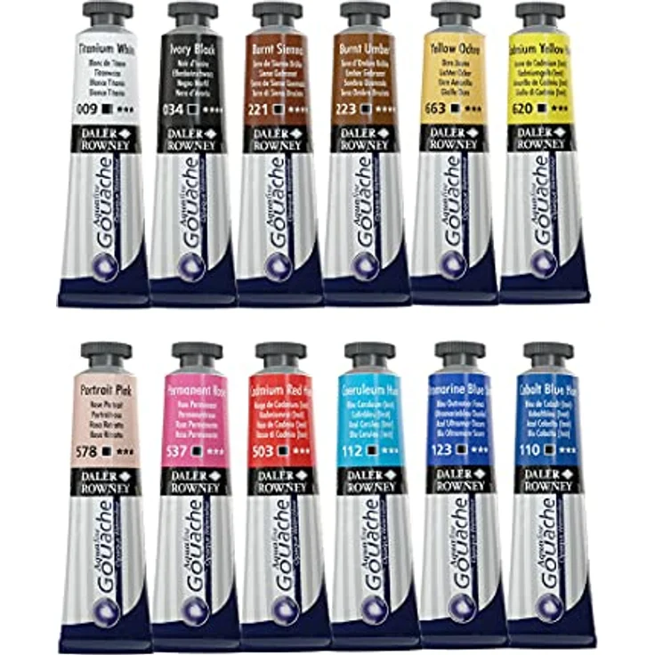 Daler Rowney Aquafine Gouachefarbe Einführungsset, 12 hochpigmentierte Farben à 15 ml Tuben, wasserbasierte, deckende Aquarellfarben für Leinwand und Papier – Bild 2