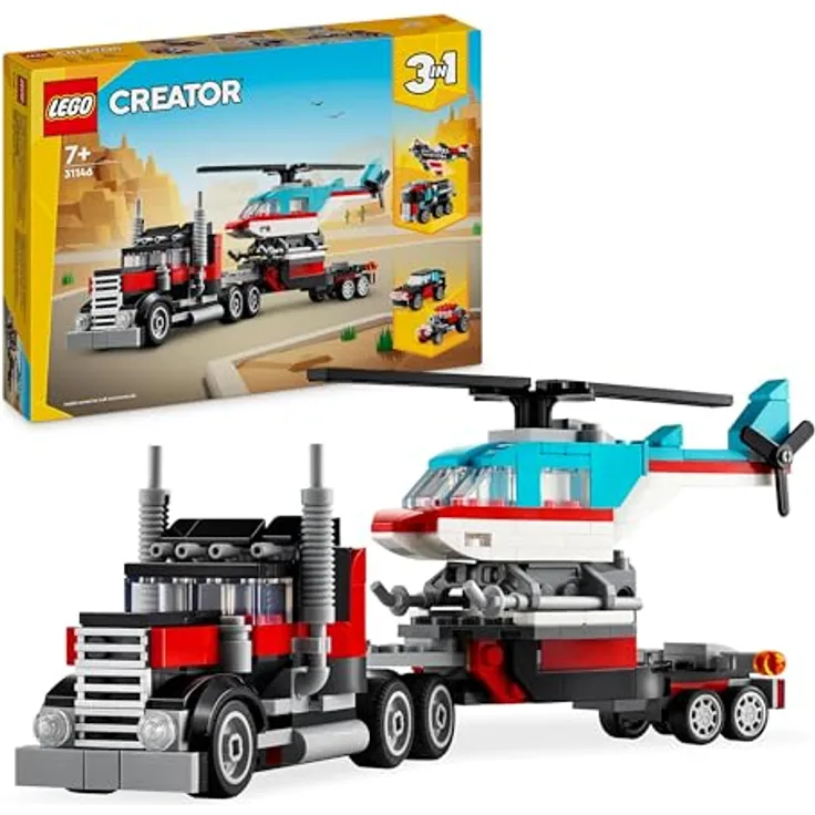 LEGO Creator 3in1 Tieflader mit Hubschrauber, Fahrzeuge-Set mit Helikopter- und LKW-Spielzeug, Flugzeug und Tanklaster, Hot Rod und SUV, Geschenk für 7-jährige Jungs und Mädchen 31146