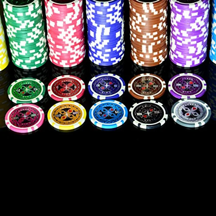 50 Poker-Chips Laser-Chips Metallkern 12g Poker Texas Hold`em Black Jack Roulette reflektierend Tokens Jetons Casino 1 Rolle Wert 1-10000 wählbar (Wert 100) – Bild 3