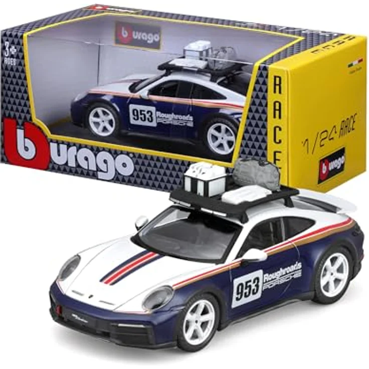 Bburago Porsche 911 Dakar, Modellauto im Maßstab 1:24, weiße und blaue Lackierung, bewegliche Türen, detailgetreues Interieur – Bild 1