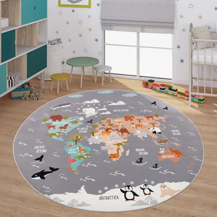 TT Home Kinderteppich, rutschfest mit Tiere Weltkarte und Autos, grau-blau-braun, 200 cm rund, 100% Polyester – Bild 1