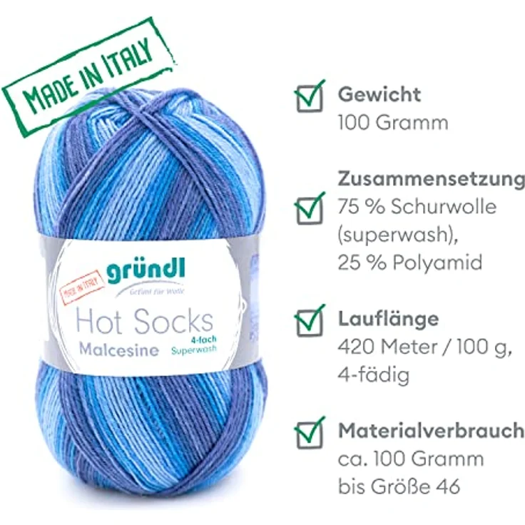 Gründl Hot Socks Malcesine (Sockenwolle aus 75% Schurwolle (superwash) und 25% Polyamid, Made in Italy, 4-fach Sockengarn, 100 g / 420 m, Nadelstärke: 2,5 mm - 3 mm, 1 x 100 g), ocean multicolor - Preisvergleich – Bild 2