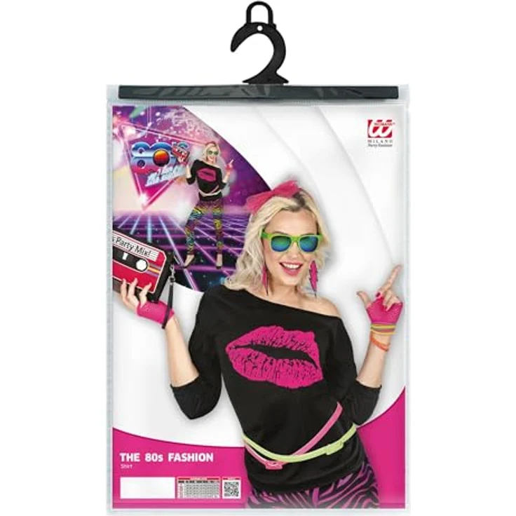 W WIDMANN MILANO Party Fashion T-Shirt 80er Jahre, ärmelloses Shirt mit pinkem Kiss Lips Design, schwarz, Größe S/M für Mottoparty und Fasching – Bild 5