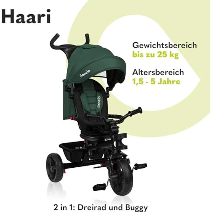 Lionelo Haari 2in1 Dreirad mit Schubstange, schlauchlose Gummireifen, Freilauf, Korb, Tasche, Getränkehalter, grau – Bild 2