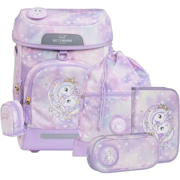 Beckmann Schulranzen Plus Air Schoolbag 7 teilig, ergonomisches Tragesystem, individuell anpassbares Design, Sicherheitsmerkmale, lilafarbenes Unicorn Princess Design