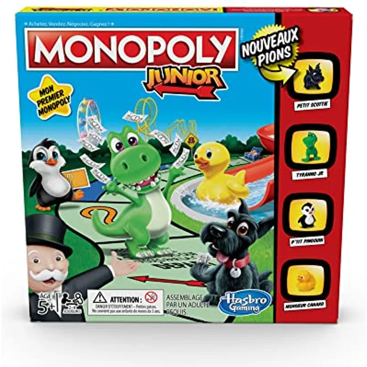 Monopoly Junior Brettspiel für Kinder, französische Version, 2-4 Spieler, ab 5 Jahren, inklusive 4 Junior-Spielsteinen und 90 Monopoly Geldscheinen, exklusiv bei Amazon
