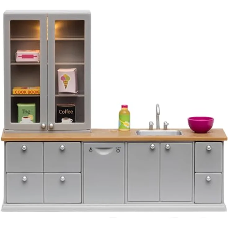 Lundby Puppenhausmöbel Spüle und Spülmaschine im eleganten Grau mit Holzelementen, 8 Teile, inkl. LED-Beleuchtung