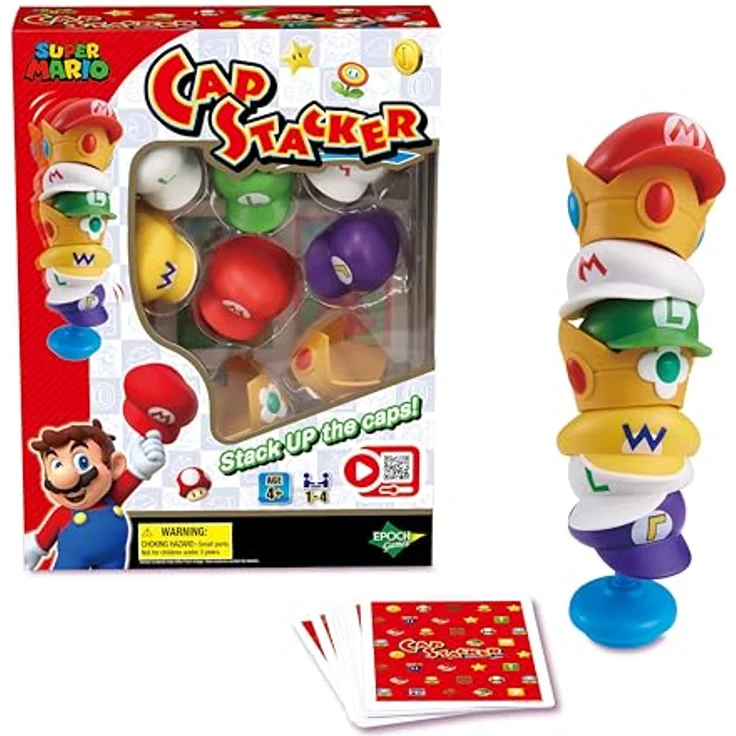 EPOCH Games 7554 Super Mario Cap Stacker, Geschicklichkeitsspiel für 1-4 Spieler, ideal für Kinder ab 4 Jahren, abwechslungsreiche Aktionskarten – Bild 1