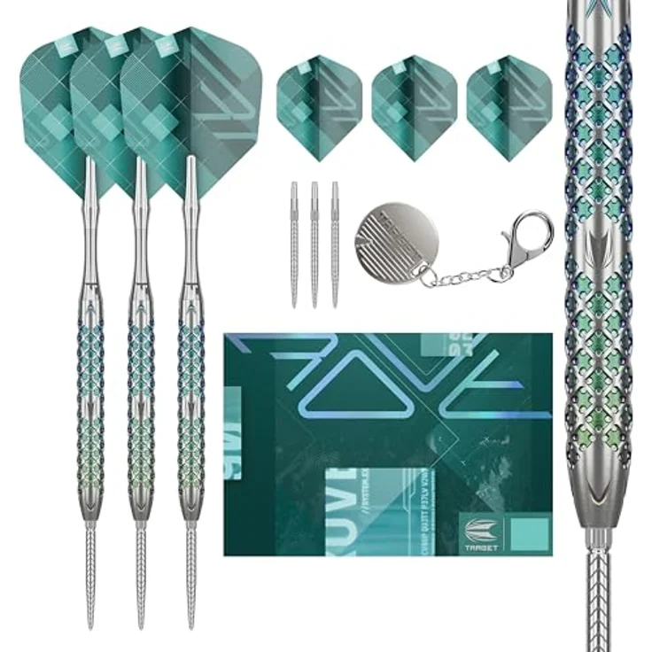 Target Darts Rove Swiss Point Steeldarts, 90% Tungsten Dart-Set, Barrel 01-22G | Steeldarts-Set, Grün & Silber, Profi Dart-Set mit Swiss Points & Tool – Bild 1