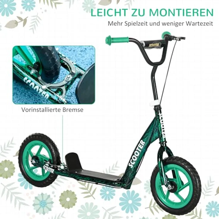 AIYAPLAY Kinderroller Scooter, Tretroller mit verstellbarem Lenker, großen Rädern und Handbremse, 11,8 Zoll Cityroller für 6-12 Jahre, Stahl Grün – Bild 4