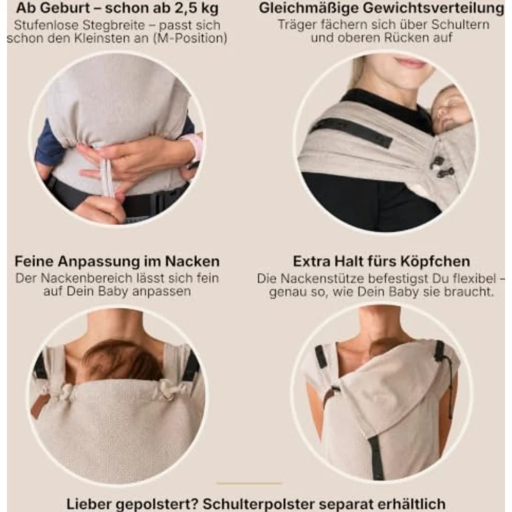 Hoppediz Babytrage Primeo, Vollschnallentrage ab Geburt (2,5 kg), Bauch- und Rückentrage aus 100 % Bio-Baumwolle, querelastischer Tragetuchstoff – Bild 7
