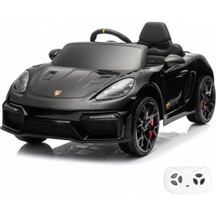 Vrooomy Porsche 718 Spyder RS, Kinder Elektroauto 12V mit Fernbedienung, schwarz, für 1 bis 5 Jahre, MP3-Player, LED-Beleuchtung, Sicherheitsgurt, offizielle PORSCHE-Lizenz