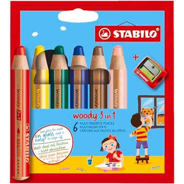 STABILO Buntstift STABILO woody 3 in 1 Buntstift - 10 mm - 6er Set, Multitalent für Buntstift, Aquarell und Wachsmalstift - dick und langlebig – Bild 2