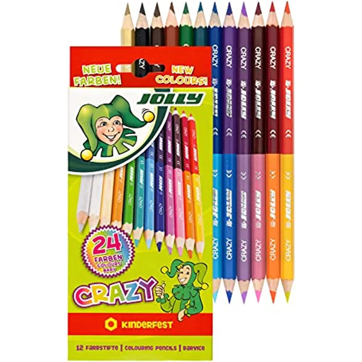 Jolly Superstick Crazy Buntstifte Farbstifte | 24 Farben mit 12 Farbstiften | Kinderfest und Bruchsicher | Ungiftig | extra dicke Mine | 12 Stifte im Kartonetui