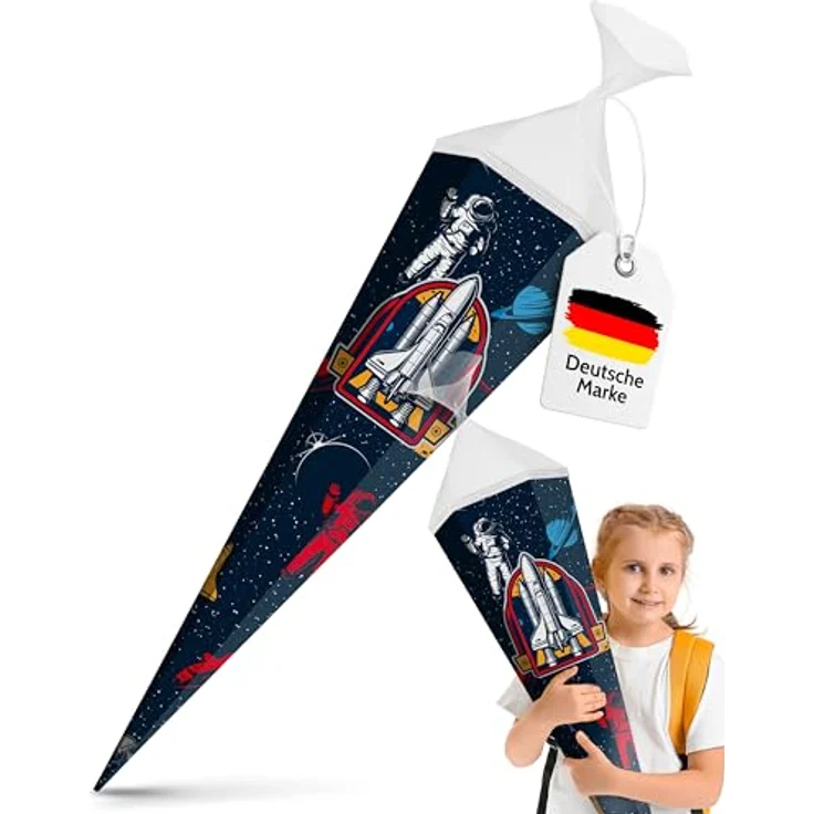 itenga Schultüte 85cm Weltraum Space Astronaut 6-eckig mit Tüllverschluss, stabil und formfest, Zuckertüte für Jungen zur Einschulung – Bild 2