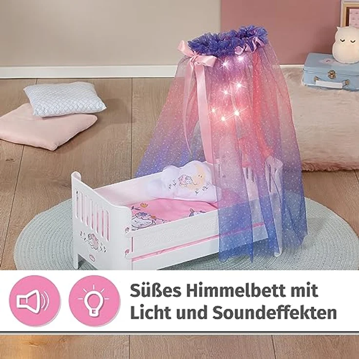 Baby Annabell, Puppenbett weiß, Baby Annabell Sweet Dreams Bett, Bett für Puppen mit Himmel, Leuchtsternen, Schlaflied, Matratze, Decke und Kissen, 710302, Zapf Creation, Klein – Bild 2