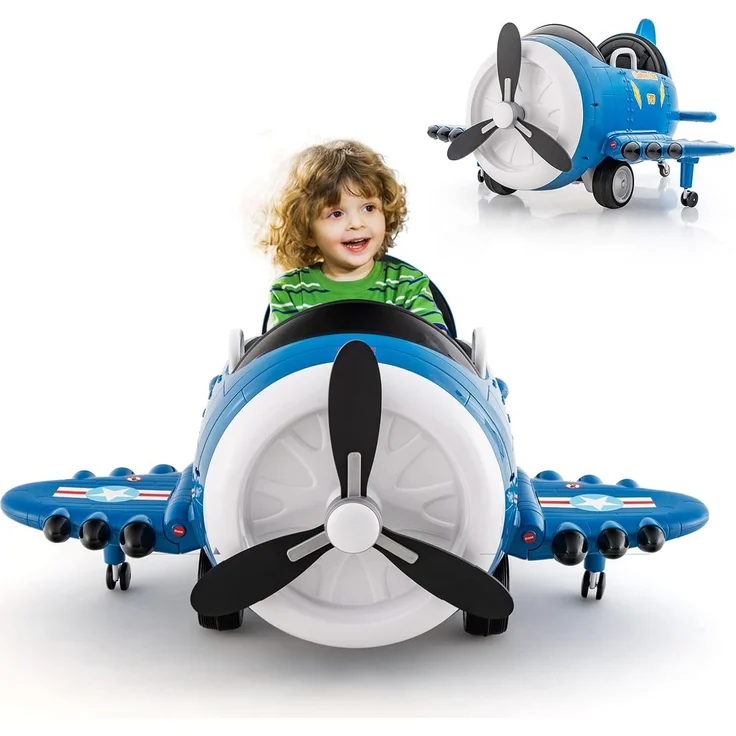 Dreamade Kinder Elektroflugzeug mit faltbarem Flügel & drehbarem Propeller, Elektroauto mit Drift (Blau)