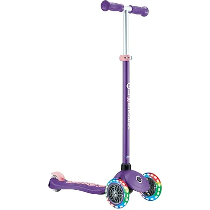 GLOBBER PRIMO PLUS LIGHTS – 3-rädriger Tretroller für Kinder, höhenverstellbar, LED-Leuchtrollen, ABEC 9, lila