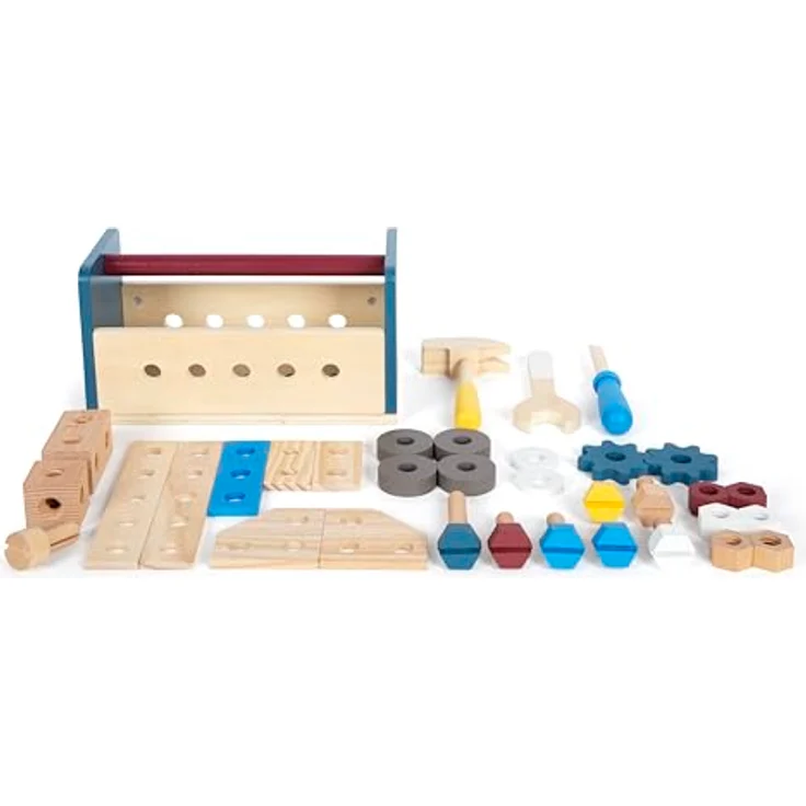 Small Foot Spielwerkzeugkoffer Werkzeugkasten/Werkbank Workshop, 33-tlg. aus Holz mit Hammer, Schraubendreher, Zubehör und Konstruktionsanleitungen – Bild 3