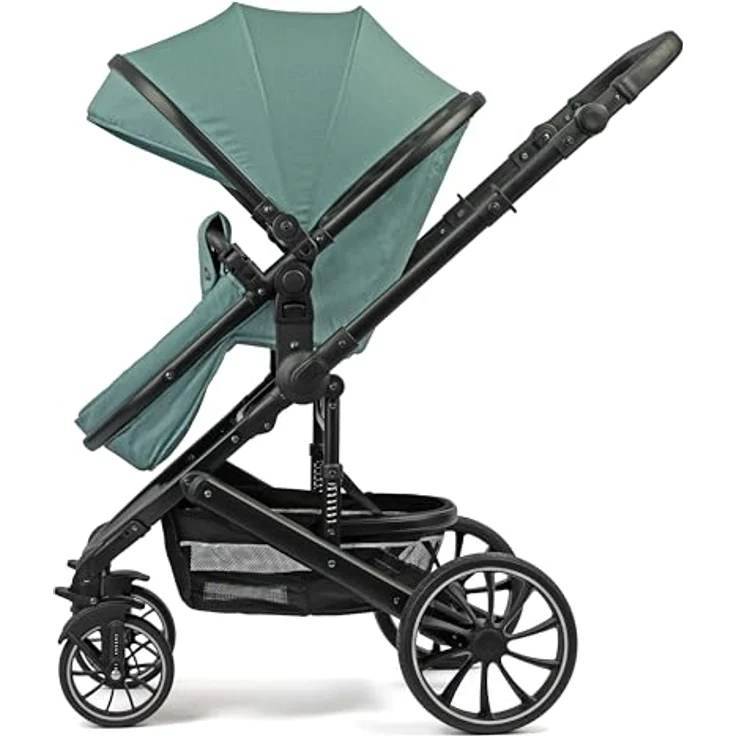 Pixini Kinderwagen Kalani 3in1 Kombikinderwagen, mint - mehrfach verstellbare Rückenlehne, 11-fach höhenverstellbarer Schieber, große Hinterräder, gefederte Vorderräder – Bild 5