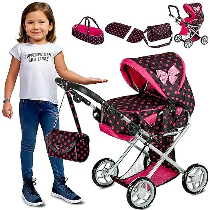 Kinderplay Kinderwagen Spielzeug - 3 in 1 Puppenwagen mit Tragetasche, Höhenverstellbar 34.5 cm bis 64 cm, KP0200G, in Grün