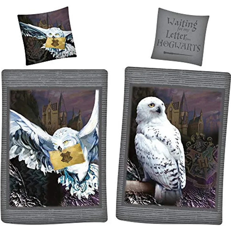 BERONAGE Harry Potter Wende-Bettwäsche Hedwig Eule 135 x 200 + 80 x 80 cm 100% Baumwolle Renforcé-Linon-Qualität mit YKK-Reißverschluss Hogwarts Gryffindor Hufflepuff Ravenclaw Slytherin deutsche Größe, weiß