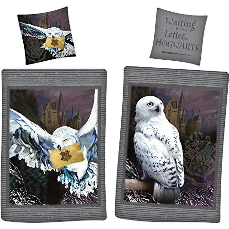 BERONAGE Harry Potter Wende-Bettwäsche Hedwig Eule 135 x 200 + 80 x 80 cm 100% Baumwolle Renforcé-Linon-Qualität mit YKK-Reißverschluss Hogwarts Gryffindor Hufflepuff Ravenclaw Slytherin deutsche Größe, weiß – Bild 1