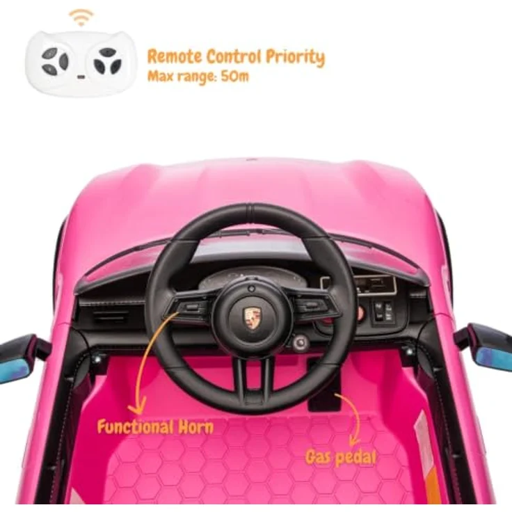 Vrooomy Porsche Taycan Turbo S Kinder Elektroauto, 12V mit Fernbedienung, für 1-5 Jahre, Rosa, MP3-Player, LED-Scheinwerfer, sanfter Start, 2 Motoren – Bild 4