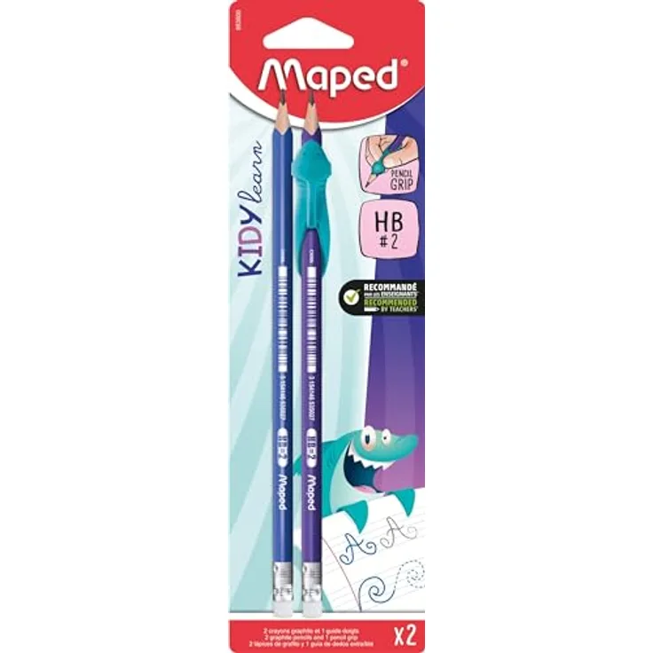 Maped - 2x ergonomische Drei-Kant-Bleistifte mit Radiergummi - HB mittel + Schreiblernhilfe KIDY LEARN, bunte Harzstifte mit innovativer Hai-Fingerführung