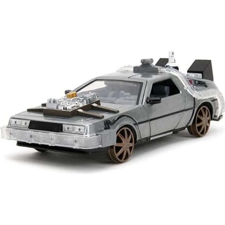 Jada Toys Time Machine Back to the Future 3, Modellauto aus Metall, 1:24, mit Türen zum Öffnen, LED Licht, braune Felgen, 20 cm, silber – Bild 1