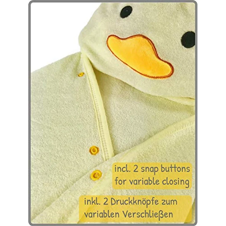 HECKBO Baby Handtuch Kapuze Küken inkl. Waschlappen, ab 0 Jahre, Neuheit: 2 Druckknöpfe, Baby Geschenk Mädchen Jungen, weiches saugfähiges Material 90x100cm Kinder Badetuch Bademantel Kapuzenhandtuch – Bild 4