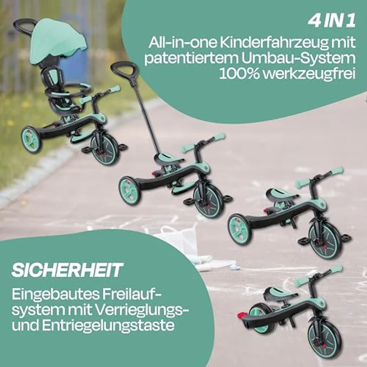 Globber Explorer Trike 4in1 Pro in Mint – Dreirad, Laufrad und Kinderwagen in 10/8,5 Zoll – TPR-Sitz – höhenverstellbares Kinderfahrzeug – Bild 3