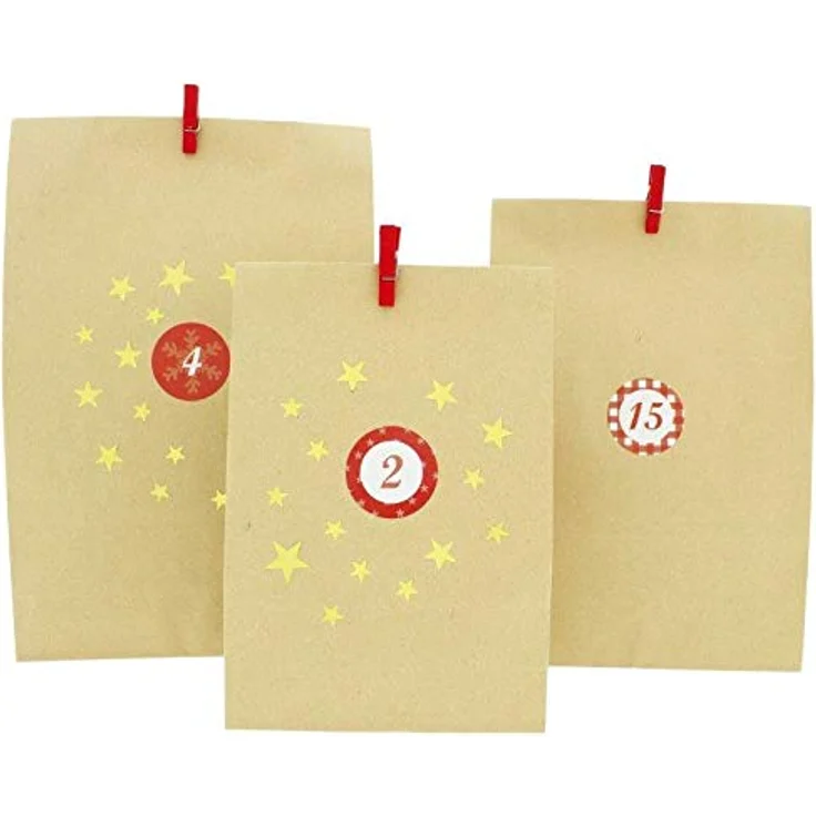 Annastore DIY Adventskalender zum Befüllen 72-teilig + 134 Sterne-Sticker - Papiertüten Weihnachten - Braune Geschenktüten - Preisvergleich – Bild 3