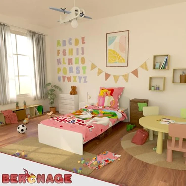 BERONAGE Bibi und Tina Kinderbettwäsche Herz - 135 x 200 cm + 80 x 80 cm – 100% Baumwolle Renforcé-Linon – Bettwäsche mit Motiven von Amadeus & Sabrina - Reiten - Reißverschluss, deutsche Größe - Bezaubernde Pferde-Bettwäsche in Linon-Qualität – Bild 4