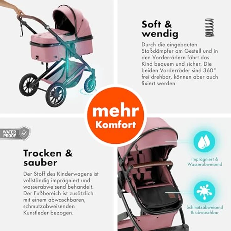 Daliya FLEXI-PRO M 2in1 Kombikinderwagen, leichter klappbarer Buggy mit Liegefunktion, höhenverstellbar und großem Einkaufskorb, rosa Leinen – Bild 5
