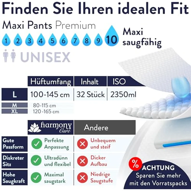 Harmony Care MAXI Windelhosen für Erwachsene, Saugstarke Inkontinenz Pants, 32 Stück, Auslaufsicher, für Männer, Frauen und Jugendliche – Bild 3