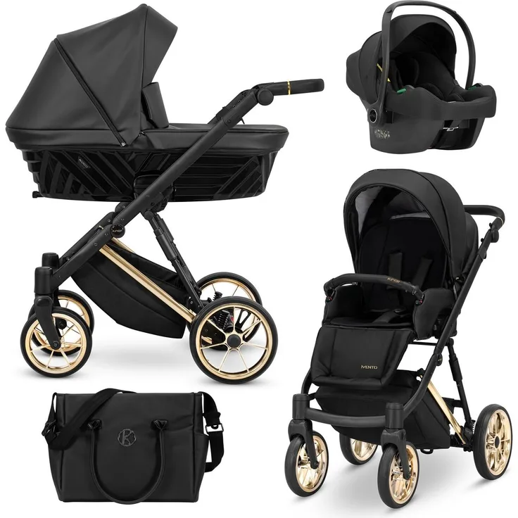 Kunert Ivento Premium 3in1 Kinderwagen, anthrazit mit Goldrahmen, inklusive Zubehör und antibakterieller Bambusmatratze