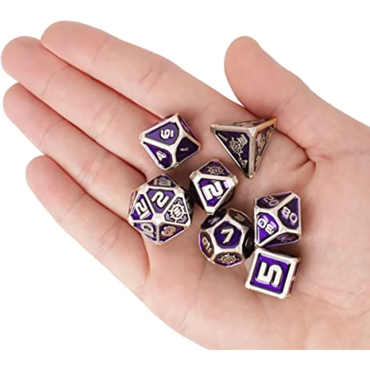 ENHANCE Würfelset aus Metall, 7 polyedrische Würfel mit 2-in-1-Würfeltasche und Würfeltablett aus veganem Leder, lila Sammleredition für Dungeon and Dragons RPG – Bild 4