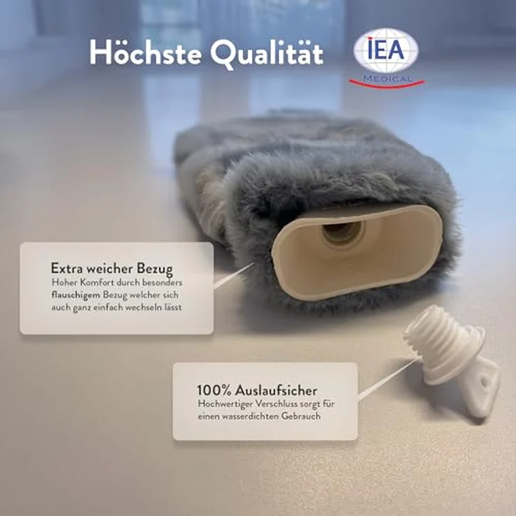 IEA Medical Wärmflasche 2L mit 2x weich flauschigem Bezug, zur Schmerzlinderung & Warm-/Kalttherapie, BPA-Frei, Dunkelblau und Dunkelgrau, Set – Bild 5