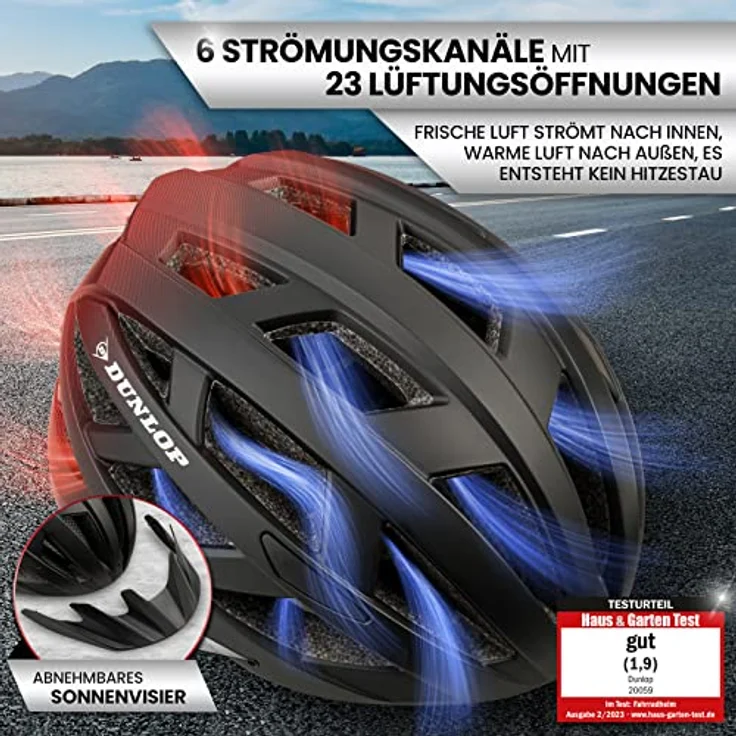 Dunlop Sports Fahrradhelm mit Licht-Sofort gesehen Werden-Ultraleichter Spezial Damen Herren Kinder Fahrrad Helm mit Visier und Rücklicht für hohe Sicherheit-Urban Helm (Schwarz/Rot, M (55-59 cm)) – Bild 5