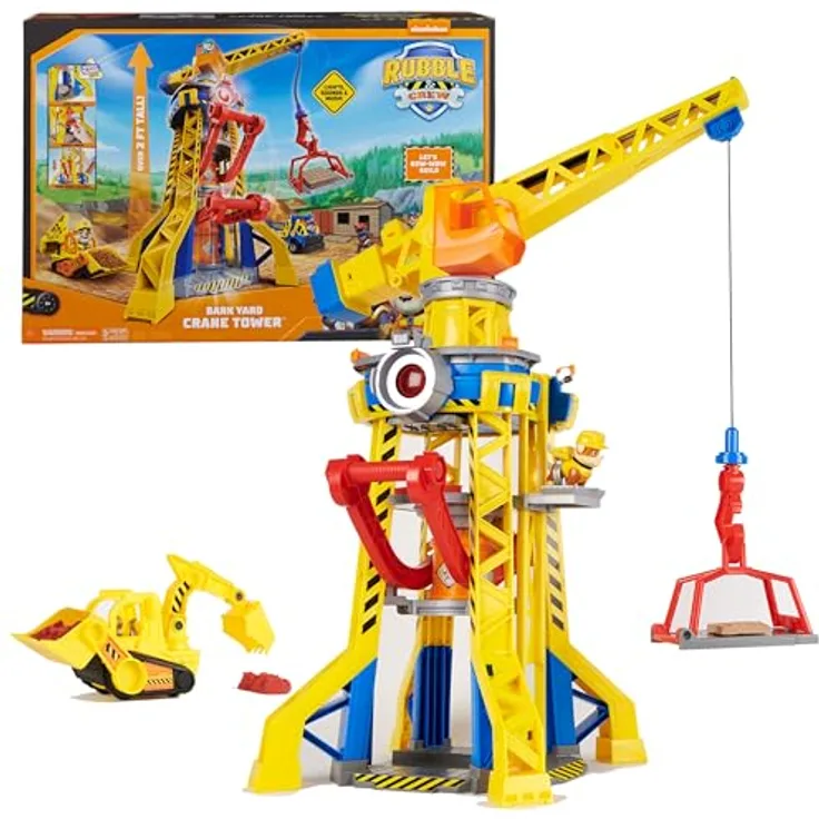 Rubble & Crew – Baupfoten Hof Kran-Spielset (68 cm) mit Rubble-Actionfigur, Planierraupen-Baufahrzeug und 340 g Kinetic Sand Build-it Sand, Spielzeug für Kinder ab 3 Jahren