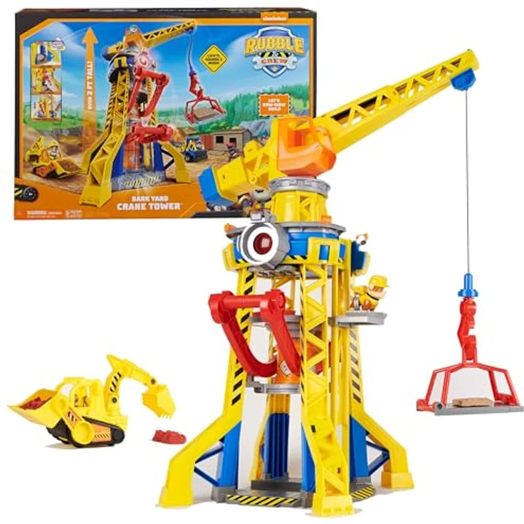 Rubble & Crew – Baupfoten Hof Kran-Spielset (68 cm) mit Rubble-Actionfigur, Planierraupen-Baufahrzeug und 340 g Kinetic Sand Build-it Sand, Spielzeug für Kinder ab 3 Jahren – Bild 1