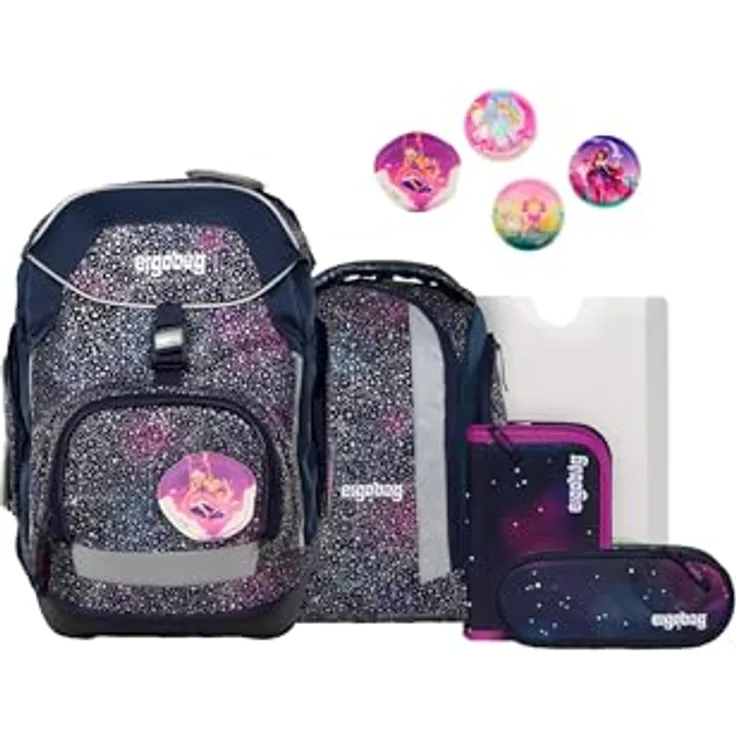 ergobag pack Set, ergonomischer Schulrucksack für 1. Klasse, 6-teilig, mit höhenverstellbarem Tragesystem, wasserdicht, inklusive Sportrucksack und gefülltem Federmäppchen