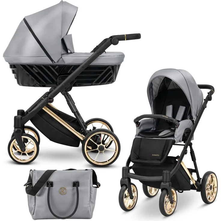 Kunert Ivento Premium 2in1, Kombikinderwagen mit goldenen Rahmen und Eco Grey Metallic Öko-Leder