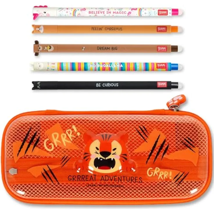 LEGAMI WonderWow Federmäppchen Set, 5 radierbare Tiergelstifte mit thermosensitiver Tinte & Federmäppchen mit 2 Fächern (Tiger)