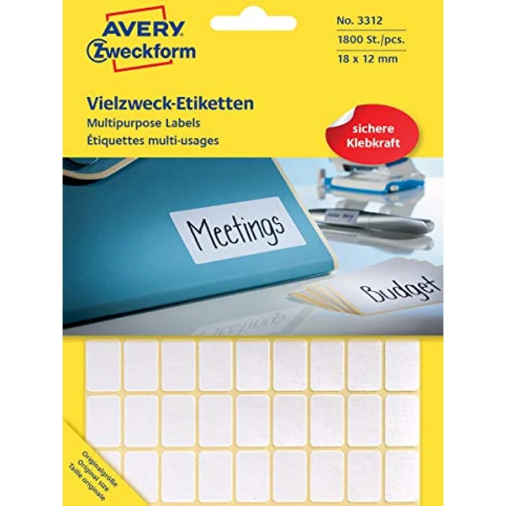 Avery Zweckform 3312 Haushaltsetiketten selbstklebend (18x12mm, 1.800 Aufkleber auf 25 Bogen, Vielzweck-Etiketten für Haushalt, Schule und Büro zum Beschriften und Kennzeichnen) blanko, weiß – Bild 1